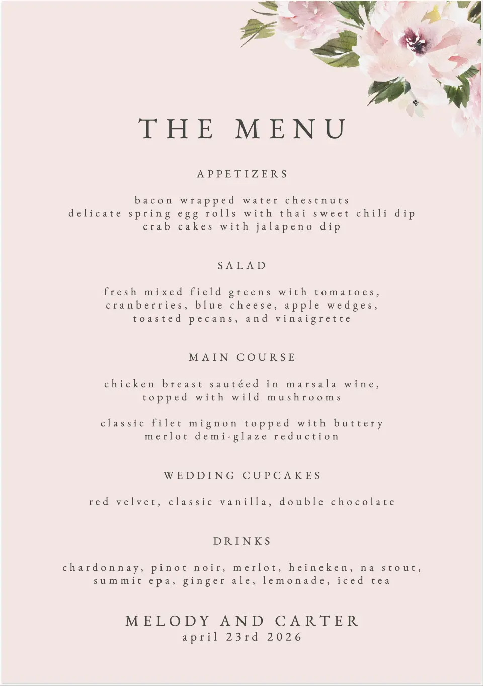 This is a 20" x 28" Menu Sign called Sweet Floral printed in full color