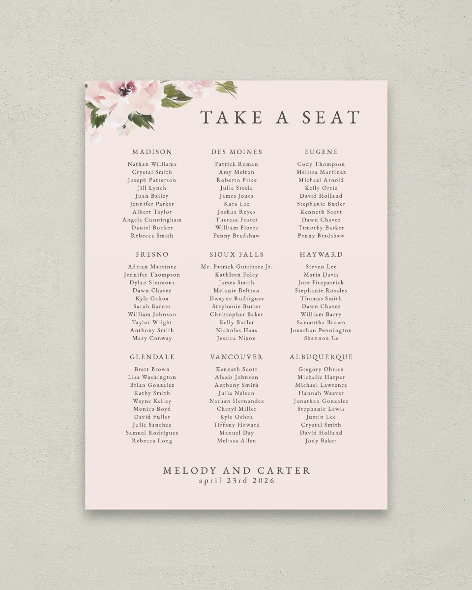 This is a 20" x 28" Seating Chart Sign called Sweet Floral printed in full color