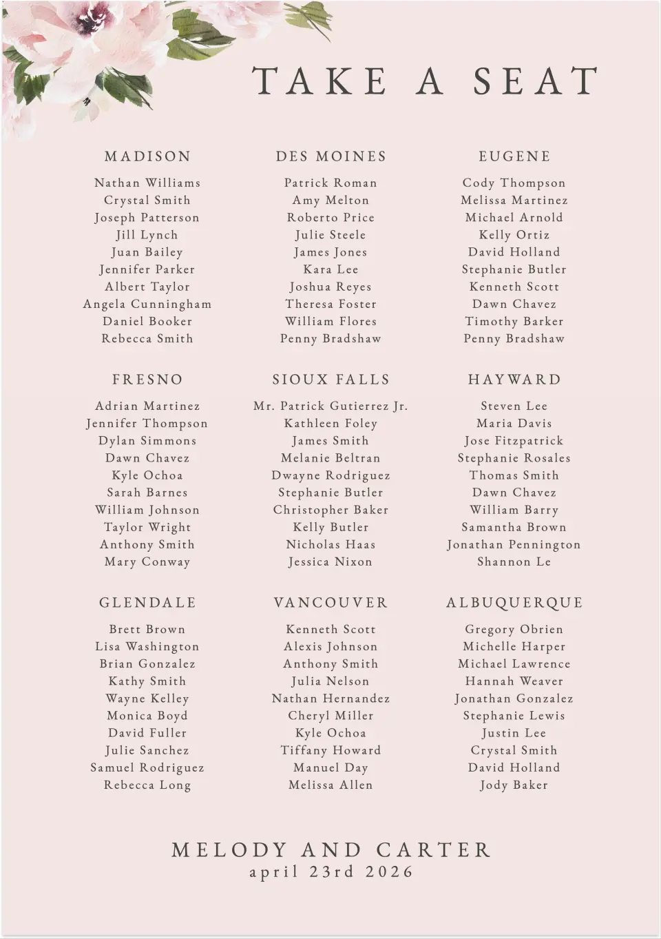 This is a 20" x 28" Seating Chart Sign called Sweet Floral printed in full color