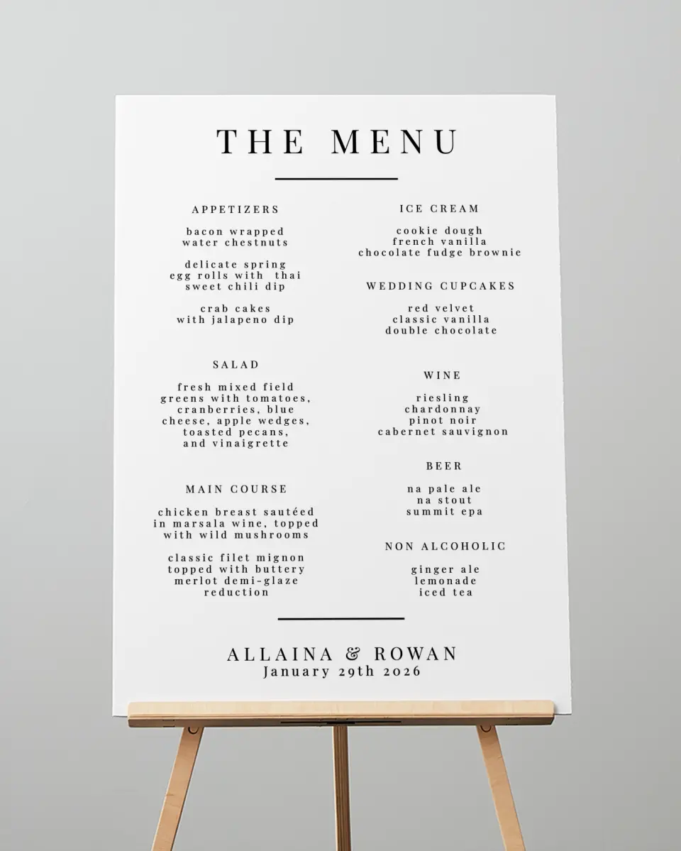 This is a 20" x 28" Menu Sign called Pure Devotion printed in full color with Gold foil