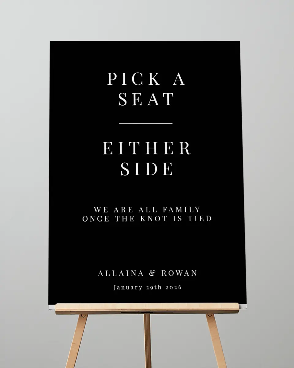 This is a 20" x 28" Pick a Seat Sign called Pure Devotion printed in full color