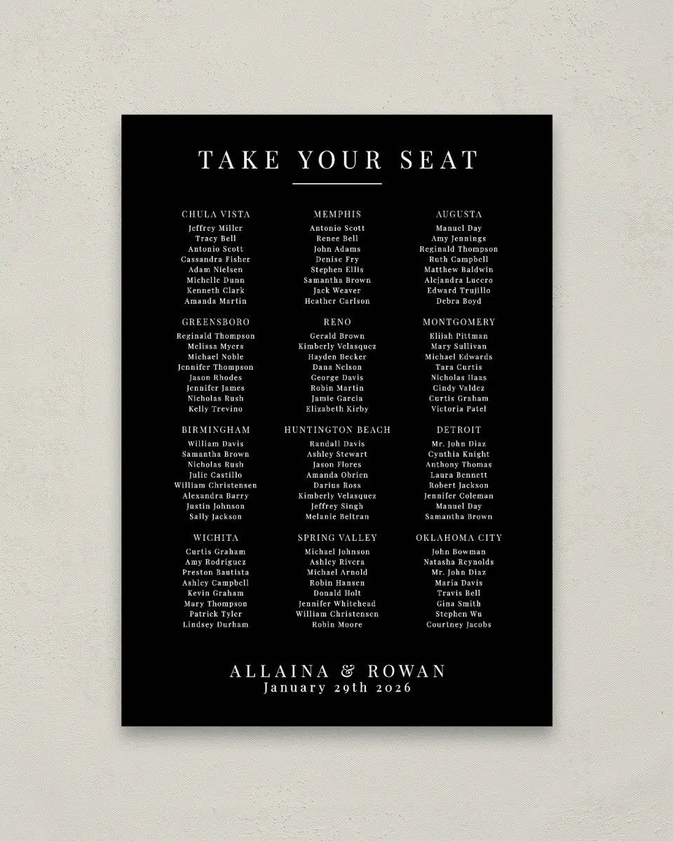 This is a 20" x 28" Seating Chart Sign called Pure Devotion printed in full color