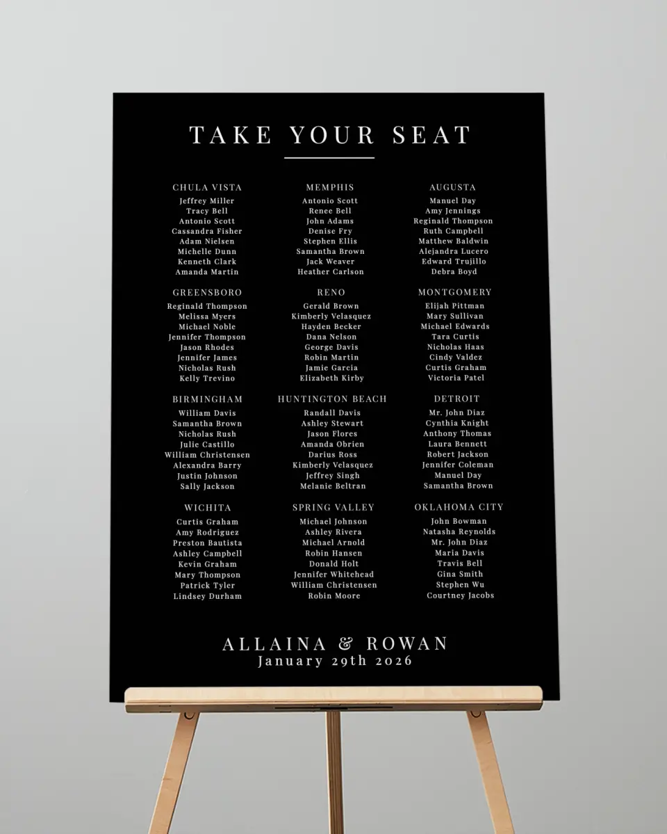 This is a 20" x 28" Seating Chart Sign called Pure Devotion printed in full color with Gold foil