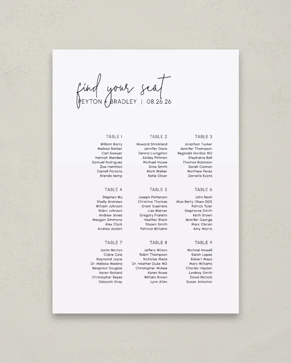 This is a 20" x 28" Seating Chart Sign called Mod Aesthetic printed in full color