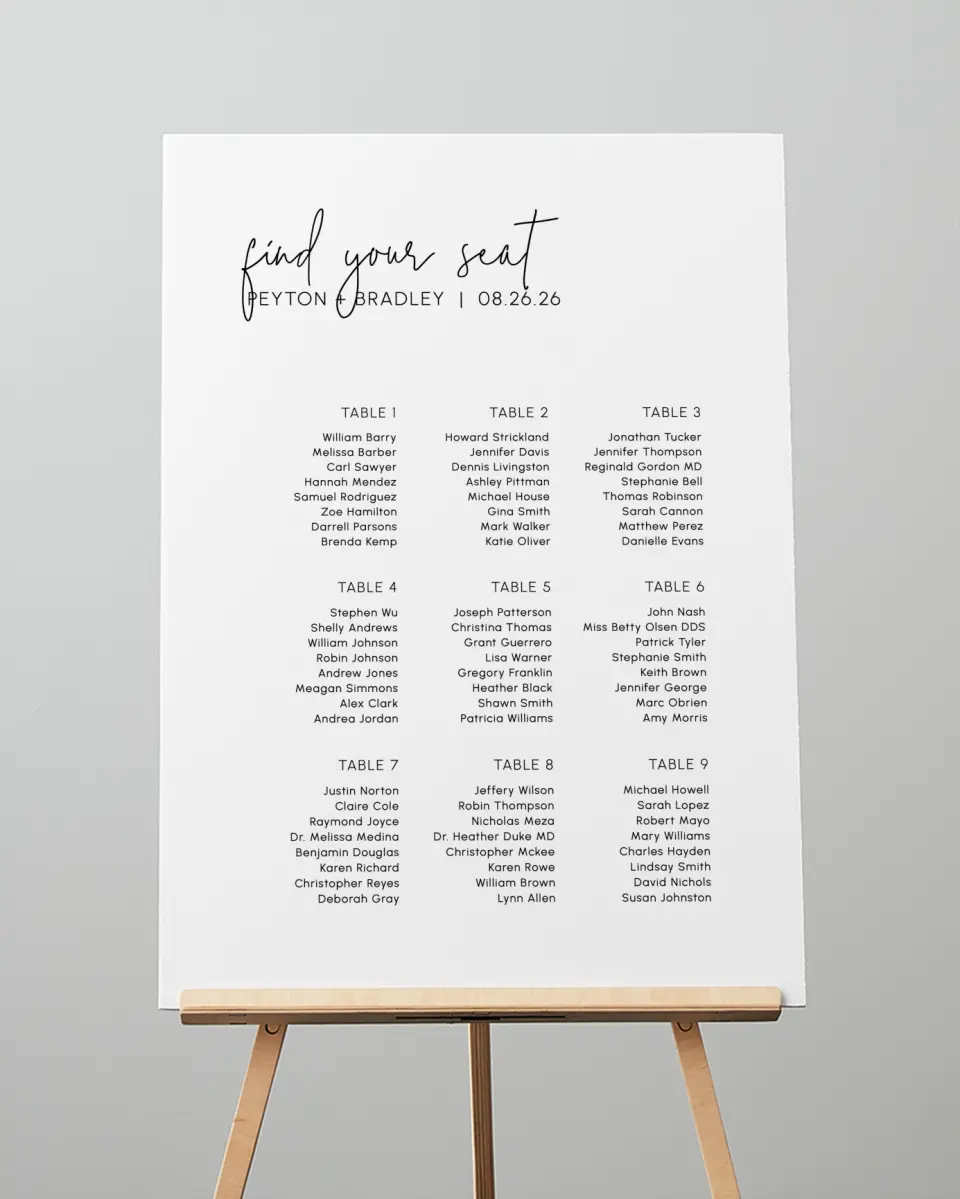 This is a 20" x 28" Seating Chart Sign called Mod Aesthetic printed in full color
