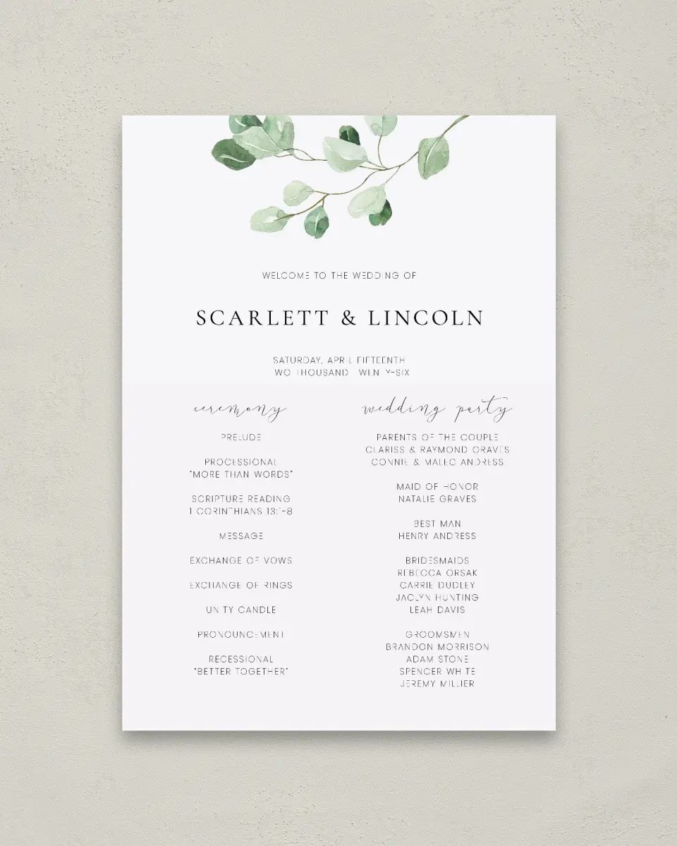 This is a 20" x 28" Ceremony Sign called Sweet Greenery printed in full color with Rose Gold foil