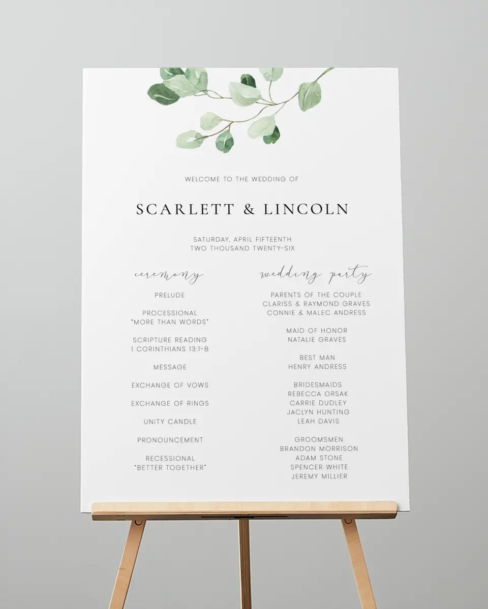 This is a 20" x 28" Ceremony Sign called Sweet Greenery printed in full color
