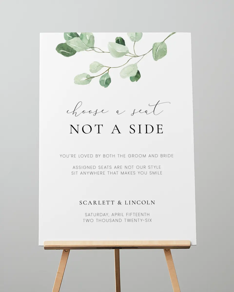 This is a 20" x 28" Pick a Seat Sign called Sweet Greenery printed in full color