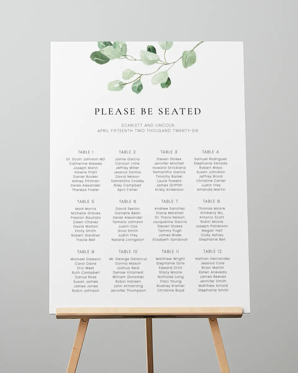 This is a 20" x 28" Seating Chart Sign called Sweet Greenery printed in full color with Gold foil