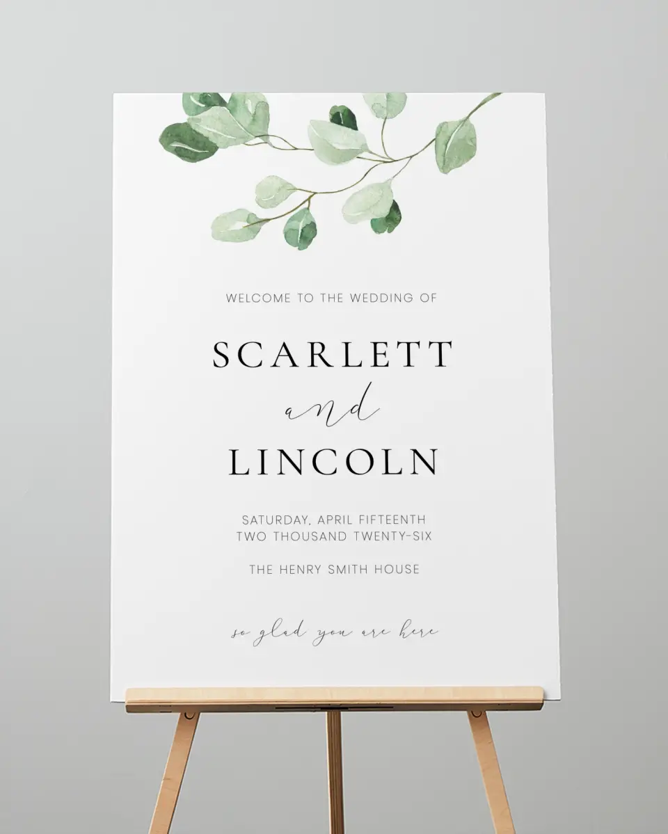 This is a 20" x 28" Welcome Sign called Sweet Greenery printed in full color with Gold foil