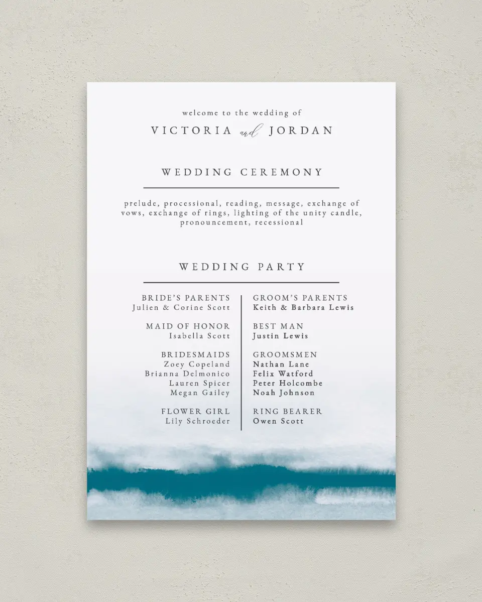This is a 20" x 28" Ceremony Sign called Shore Impression printed in full color with Rose Gold foil