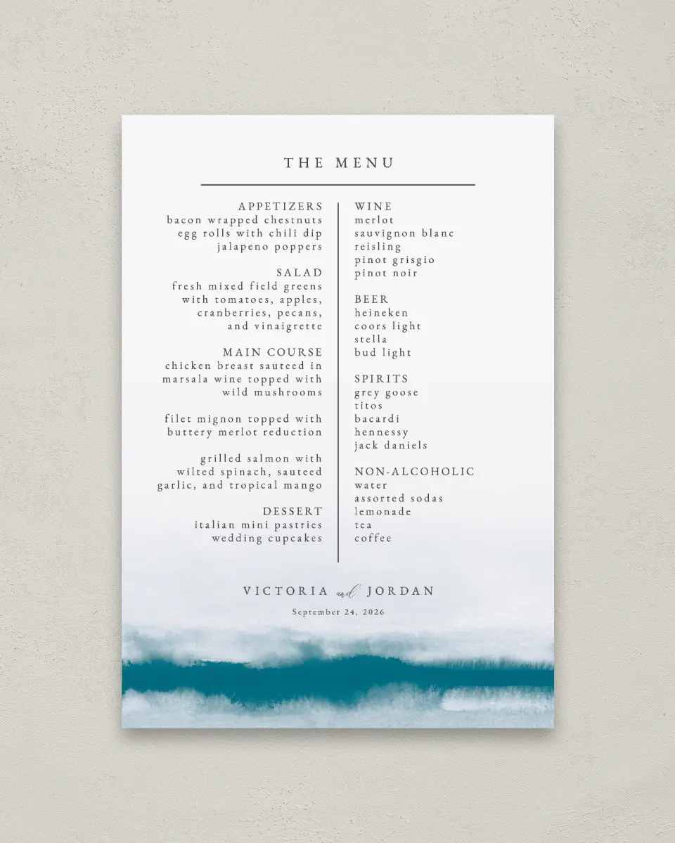 This is a 20" x 28" Menu Sign called Shore Impression printed in full color with Gold foil