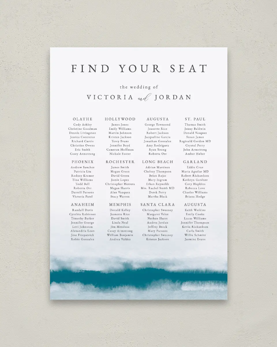 This is a 20" x 28" Seating Chart Sign called Shore Impression printed in full color