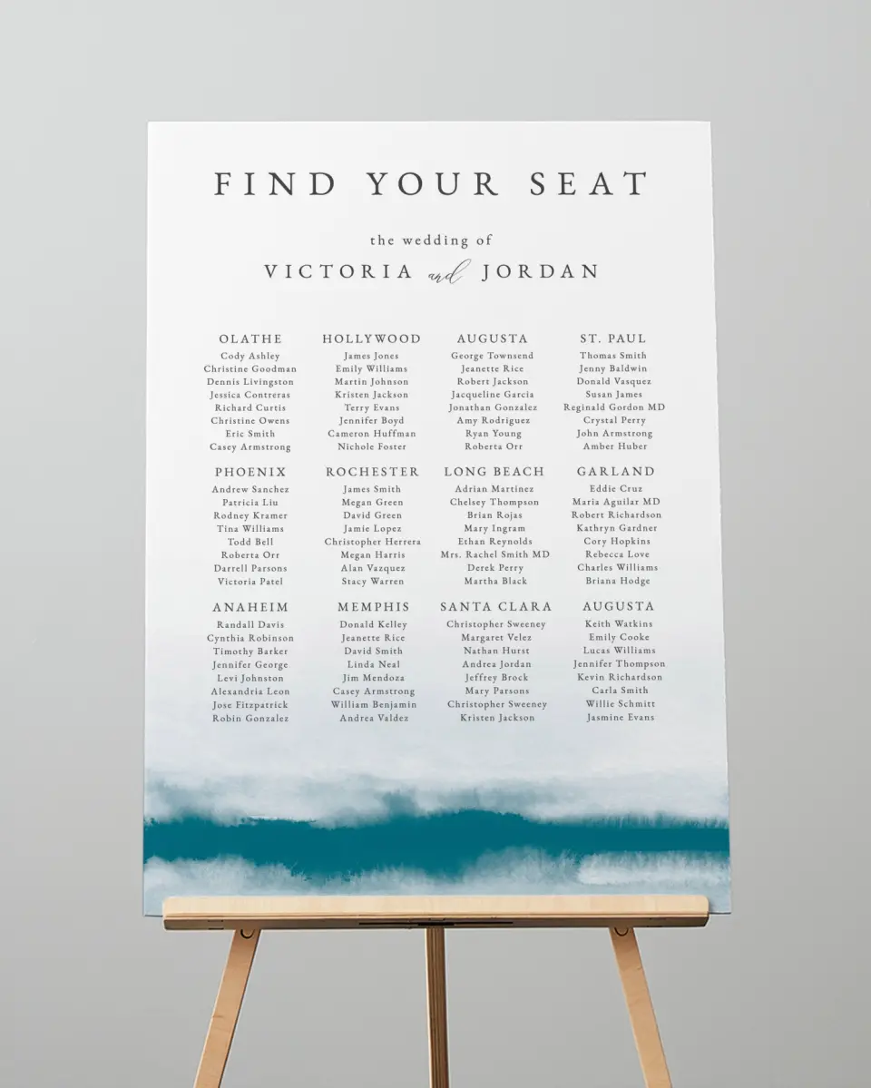 This is a 20" x 28" Seating Chart Sign called Shore Impression printed in full color