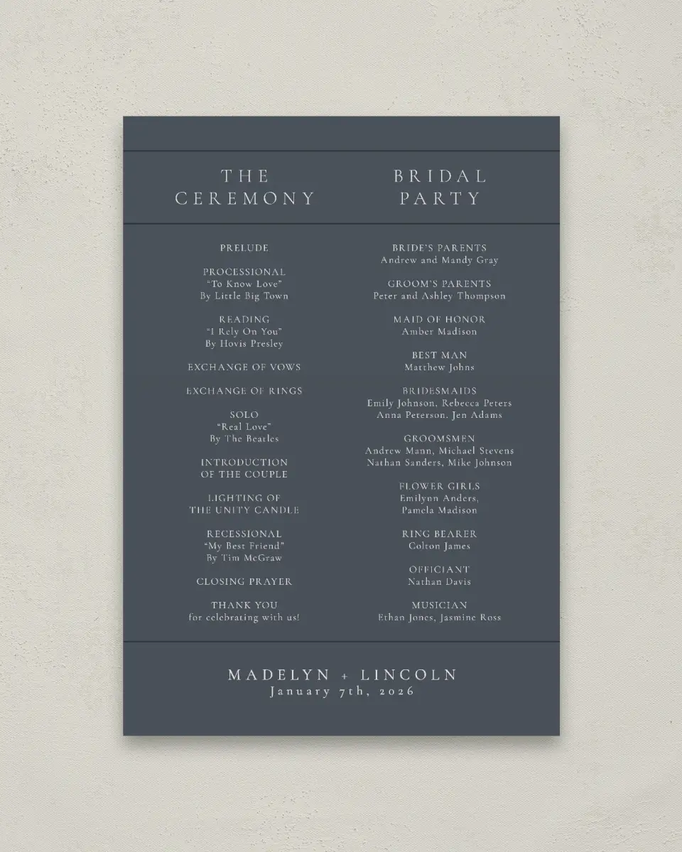 This is a 20" x 28" Ceremony Sign called Subtle Wreath printed in full color with Rose Gold foil
