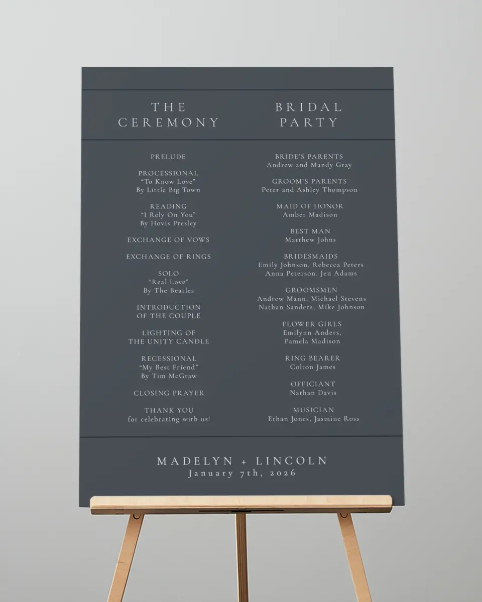This is a 20" x 28" Ceremony Sign called Subtle Wreath printed in full color