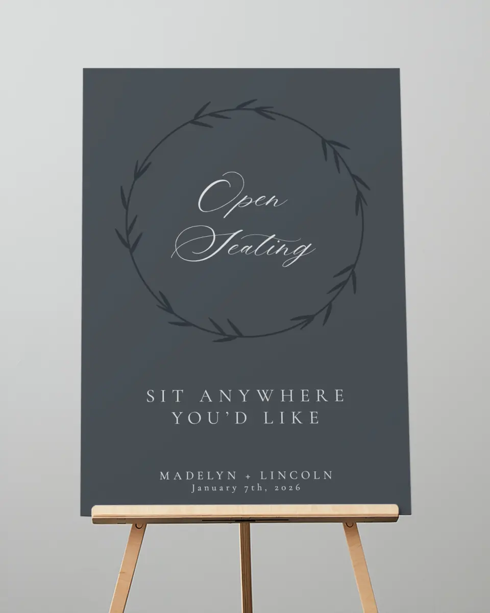 This is a 20" x 28" Pick a Seat Sign called Subtle Wreath printed in full color