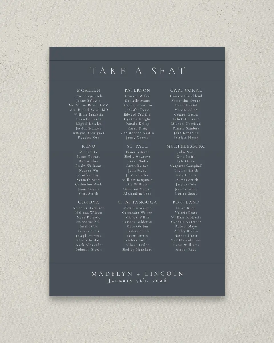 This is a 20" x 28" Seating Chart Sign called Subtle Wreath printed in full color