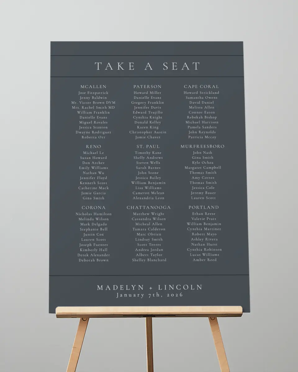 This is a 20" x 28" Seating Chart Sign called Subtle Wreath printed in full color