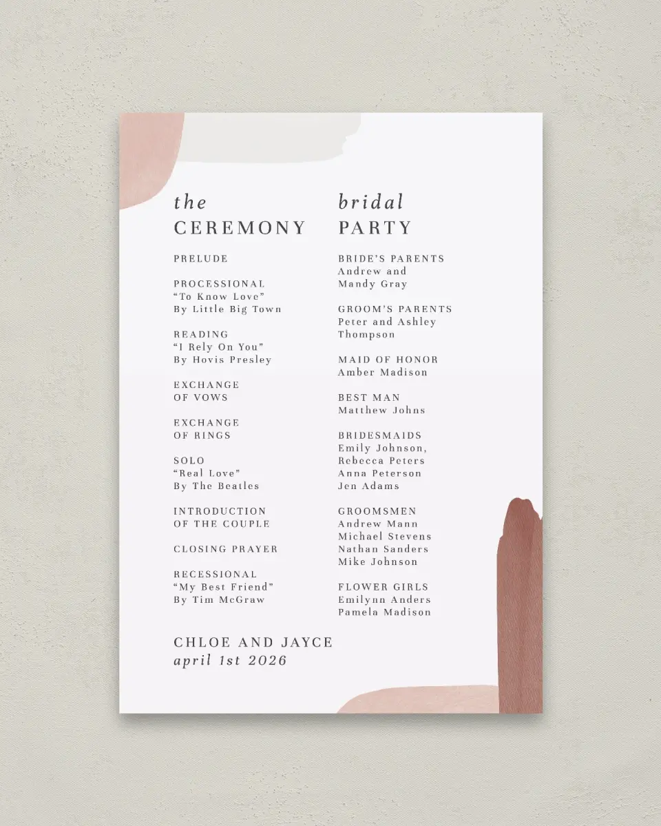 This is a 20" x 28" Ceremony Sign called Mod Paint printed in full color with Rose Gold foil
