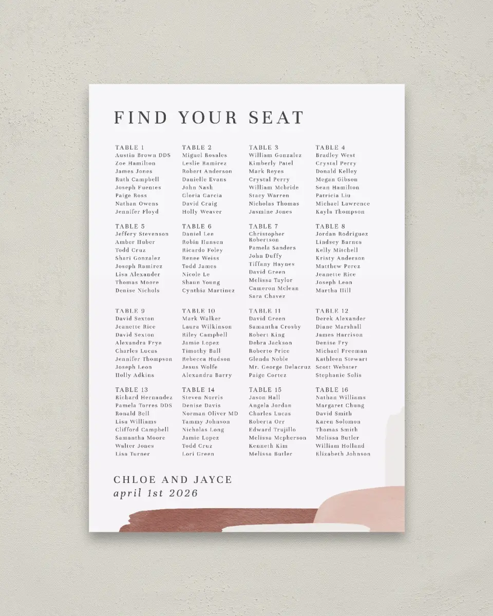 This is a 20" x 28" Seating Chart Sign called Mod Paint printed in full color