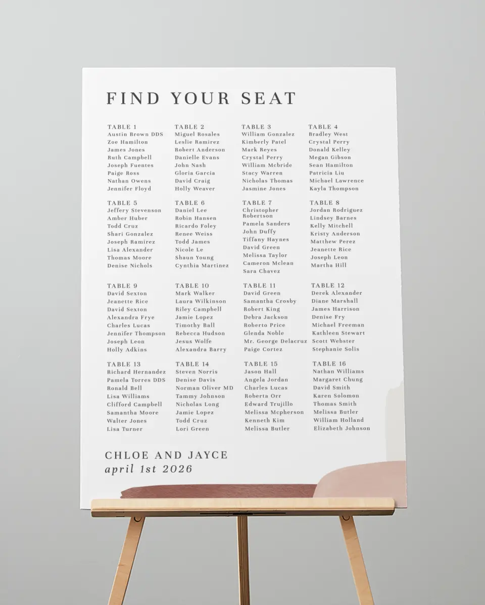 This is a 20" x 28" Seating Chart Sign called Mod Paint printed in full color with Gold foil