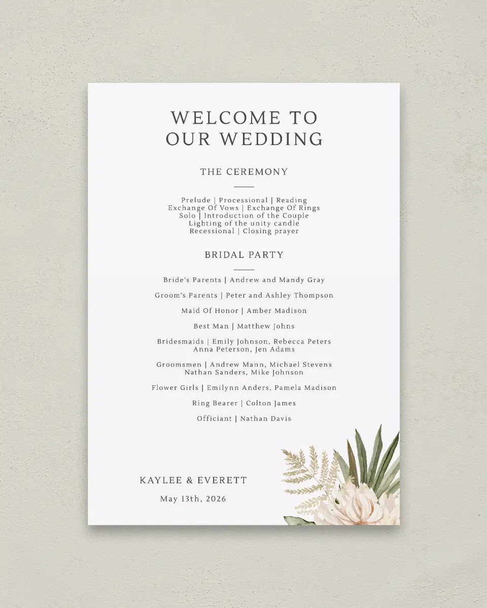 This is a 20" x 28" Ceremony Sign called Serene Flora printed in full color