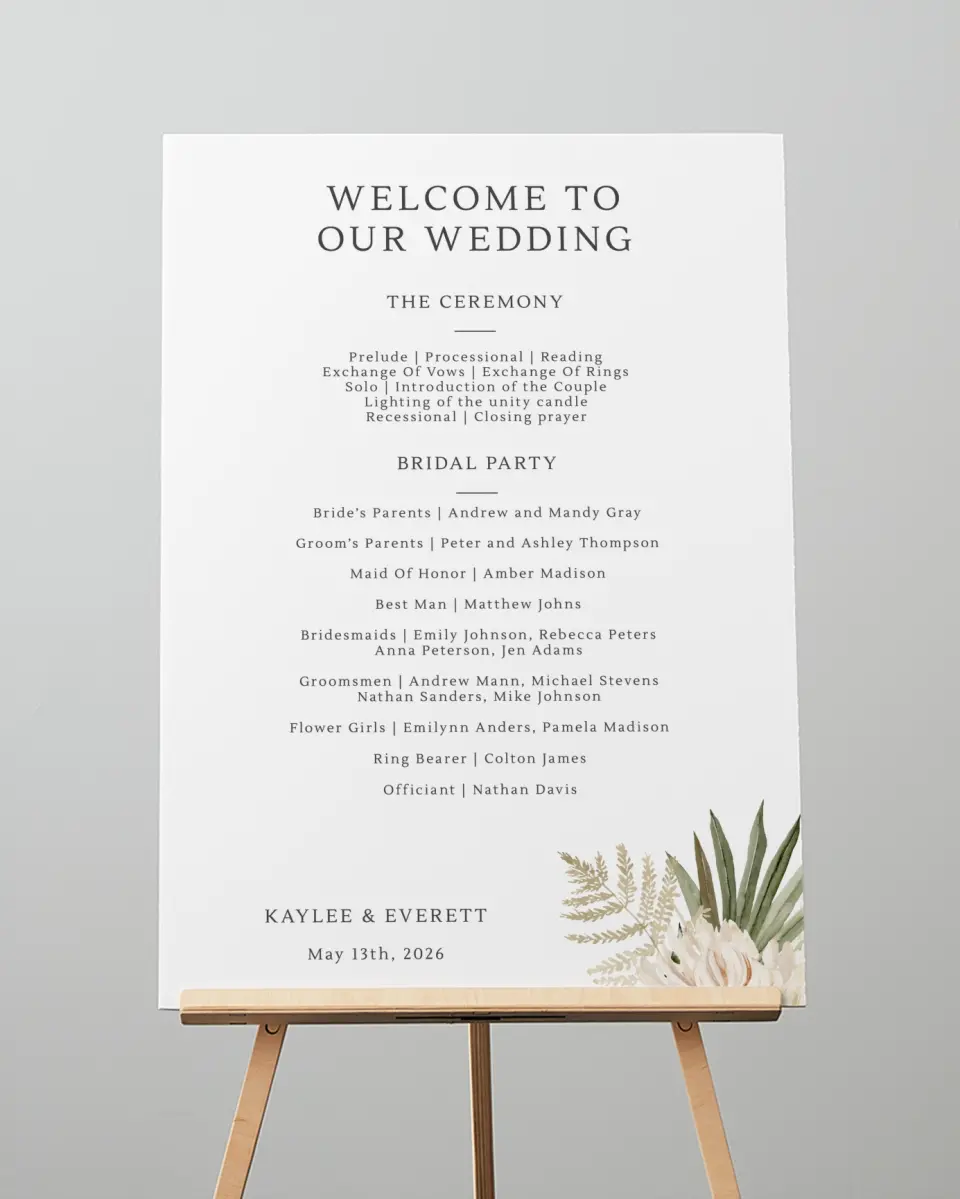 This is a 20" x 28" Ceremony Sign called Serene Flora printed in full color