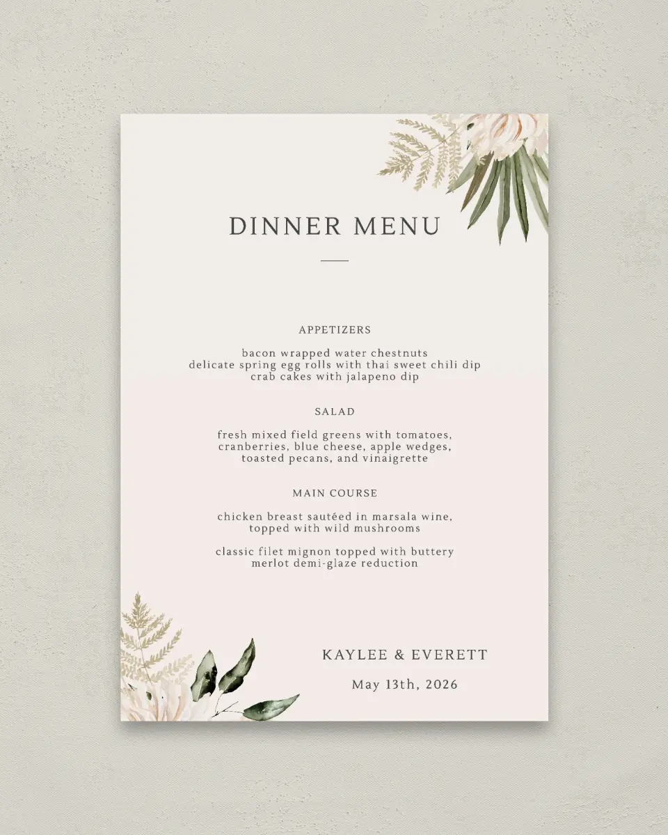 This is a 20" x 28" Menu Sign called Serene Flora printed in full color