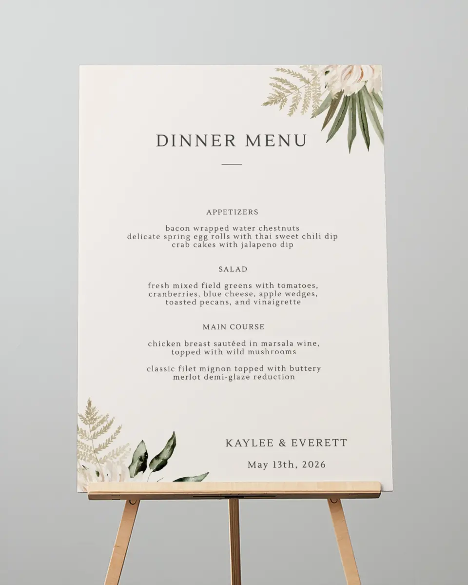 This is a 20" x 28" Menu Sign called Serene Flora printed in full color with Gold foil