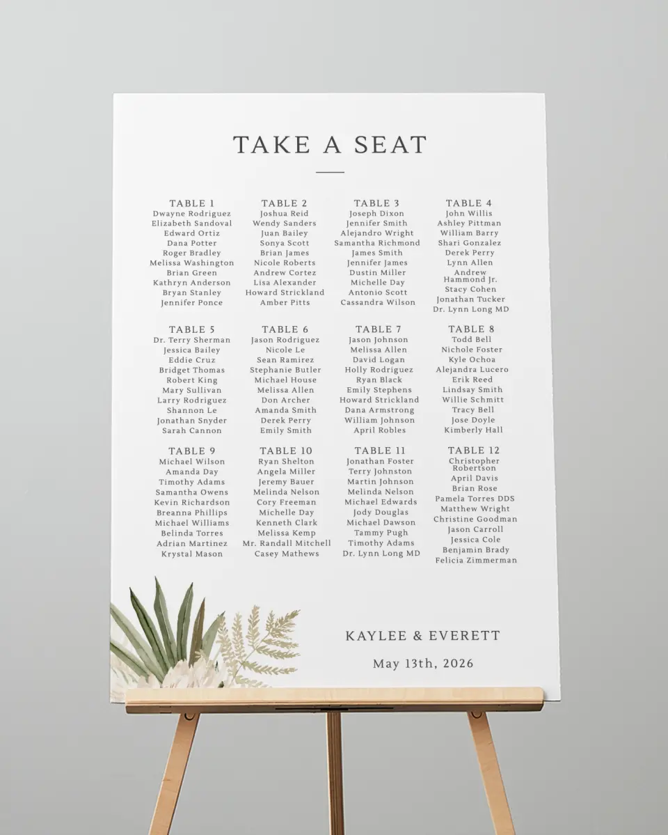 This is a 20" x 28" Seating Chart Sign called Serene Flora printed in full color with Gold foil