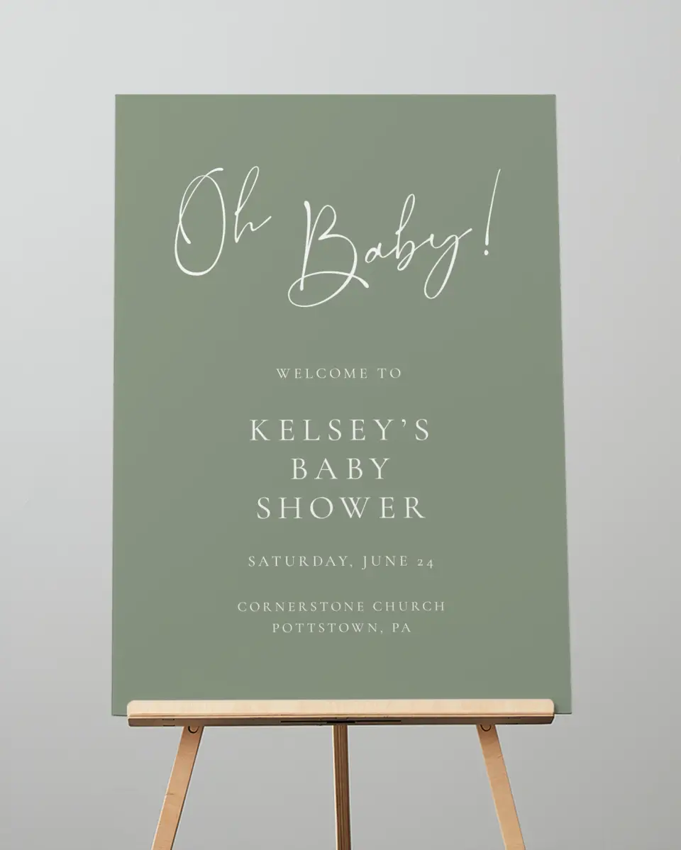 This is a 20" x 28" Welcome Baby Shower Sign called Oh Baby printed in full color