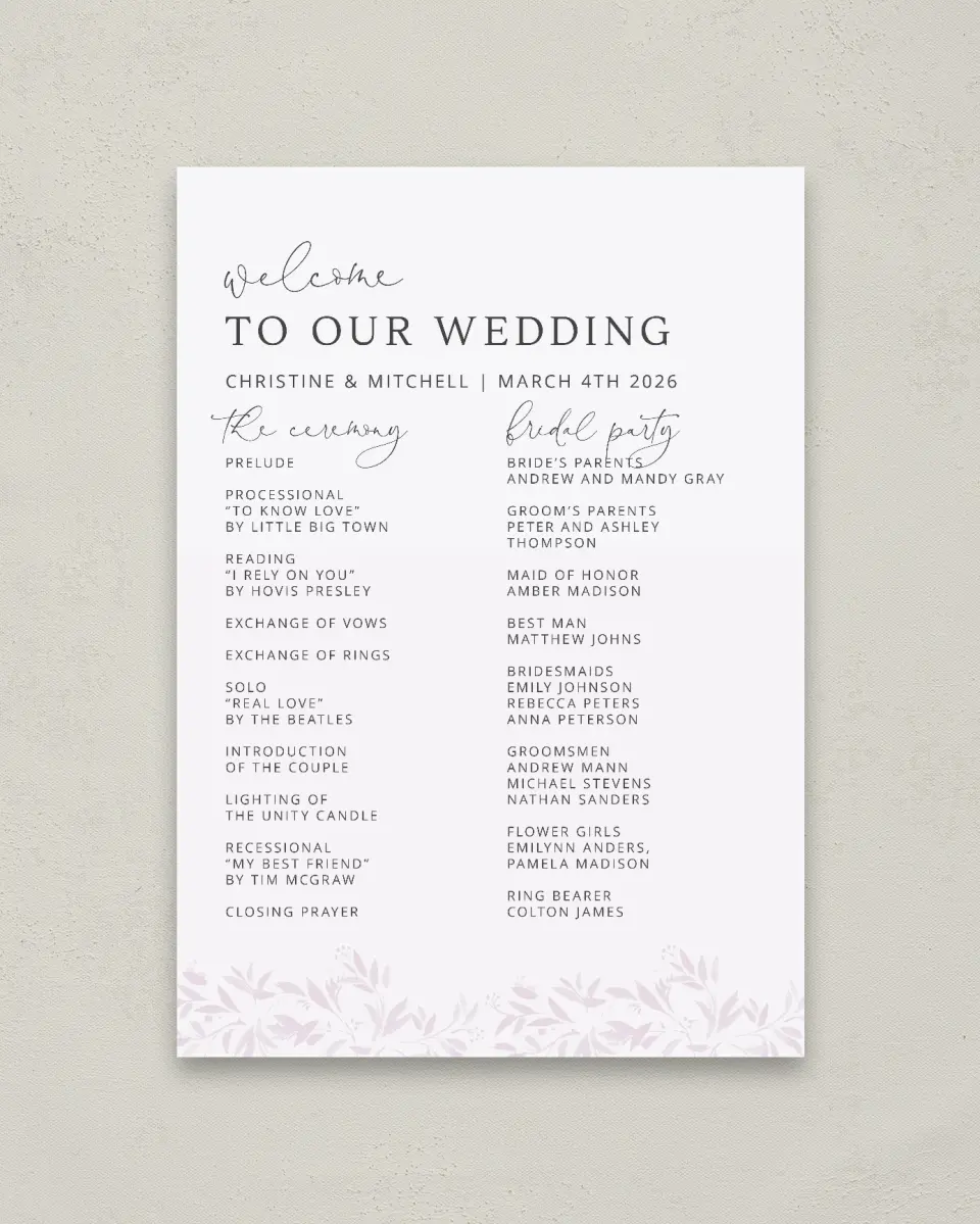 This is a 20" x 28" Ceremony Sign called Lush Leaves printed in full color with Rose Gold foil