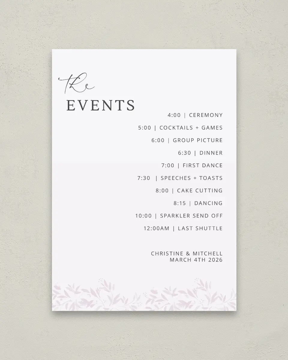 This is a 20" x 28" Schedule Sign called Lush Leaves printed in full color with Rose Gold foil