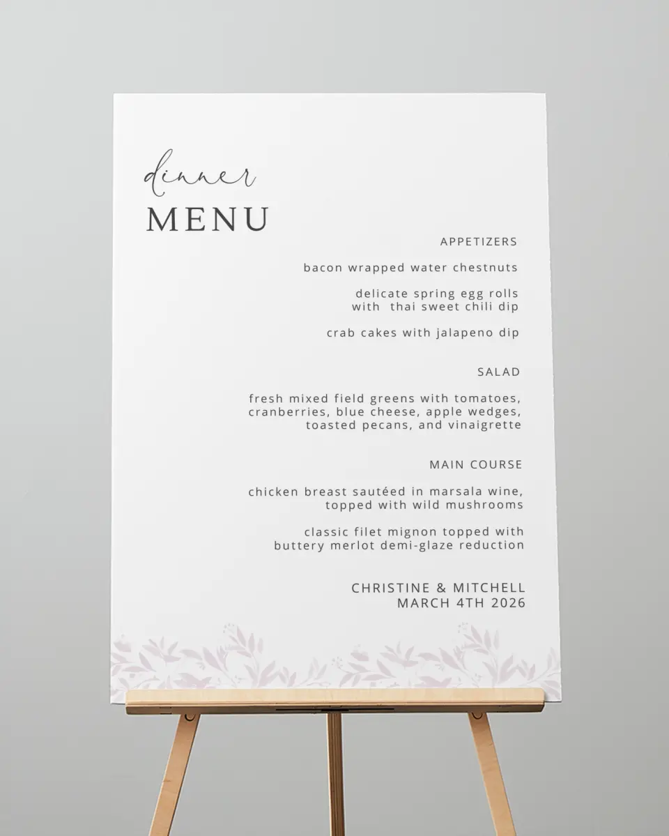This is a 20" x 28" Menu Sign called Lush Leaves printed in full color with Rose Gold foil