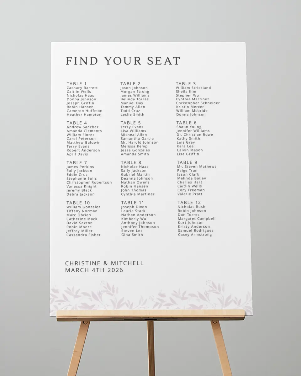 This is a 20" x 28" Seating Chart Sign called Lush Leaves printed in full color