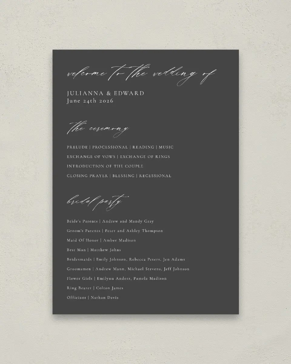 This is a 20" x 28" Ceremony Sign called Distinct Lines printed in full color with Rose Gold foil