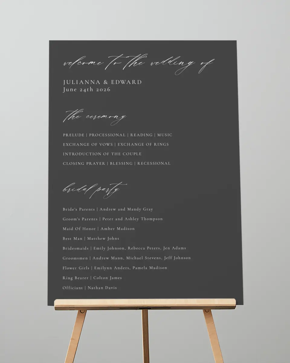 This is a 20" x 28" Ceremony Sign called Distinct Lines printed in full color