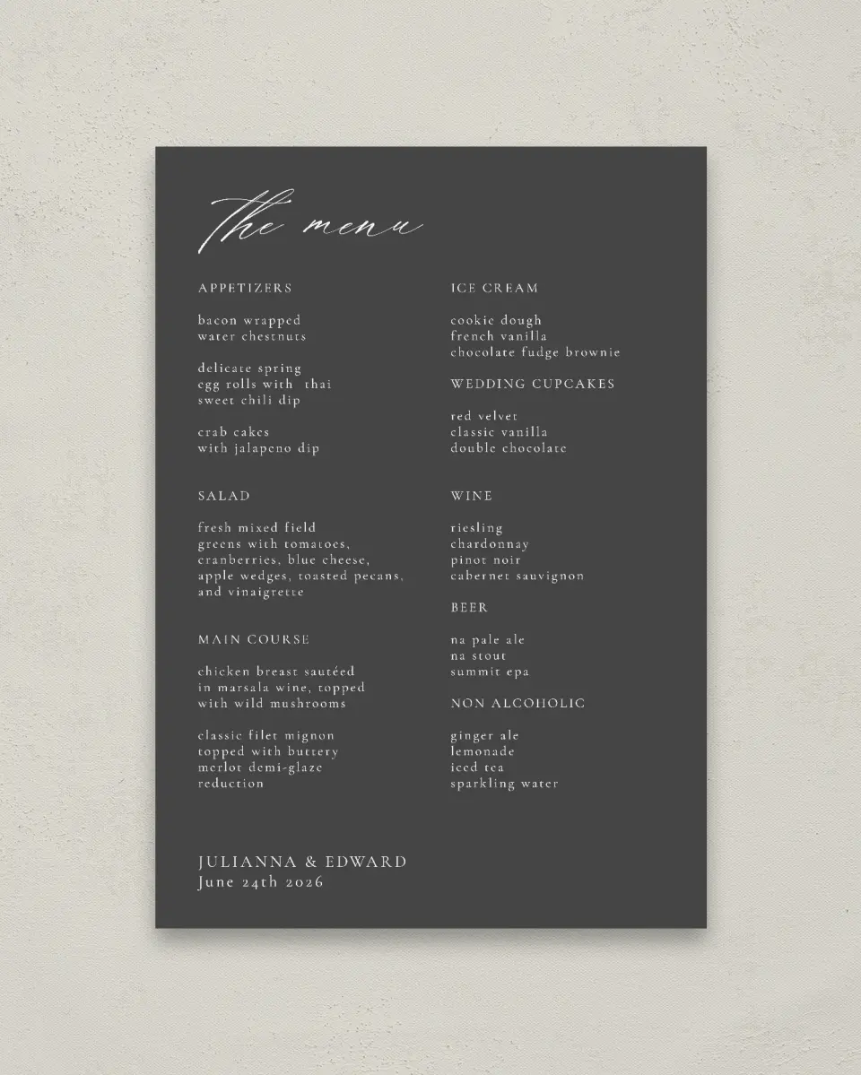 This is a 20" x 28" Menu Sign called Distinct Lines printed in full color
