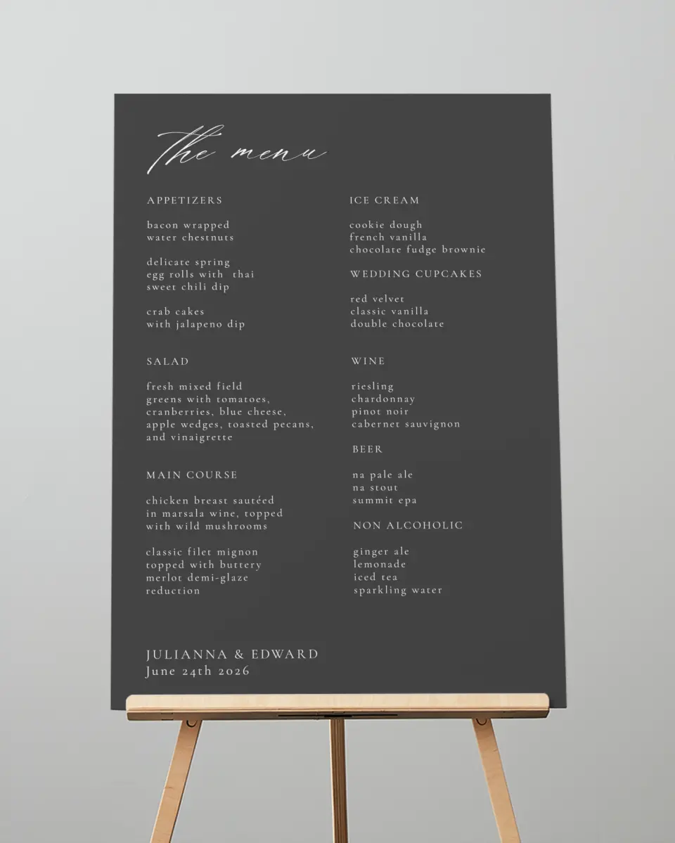 This is a 20" x 28" Menu Sign called Distinct Lines printed in full color with Rose Gold foil