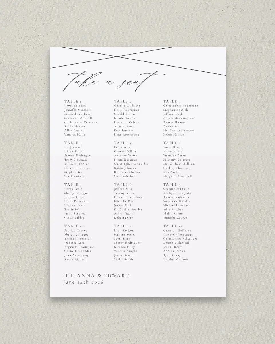 This is a 20" x 28" Seating Chart Sign called Distinct Lines printed in full color