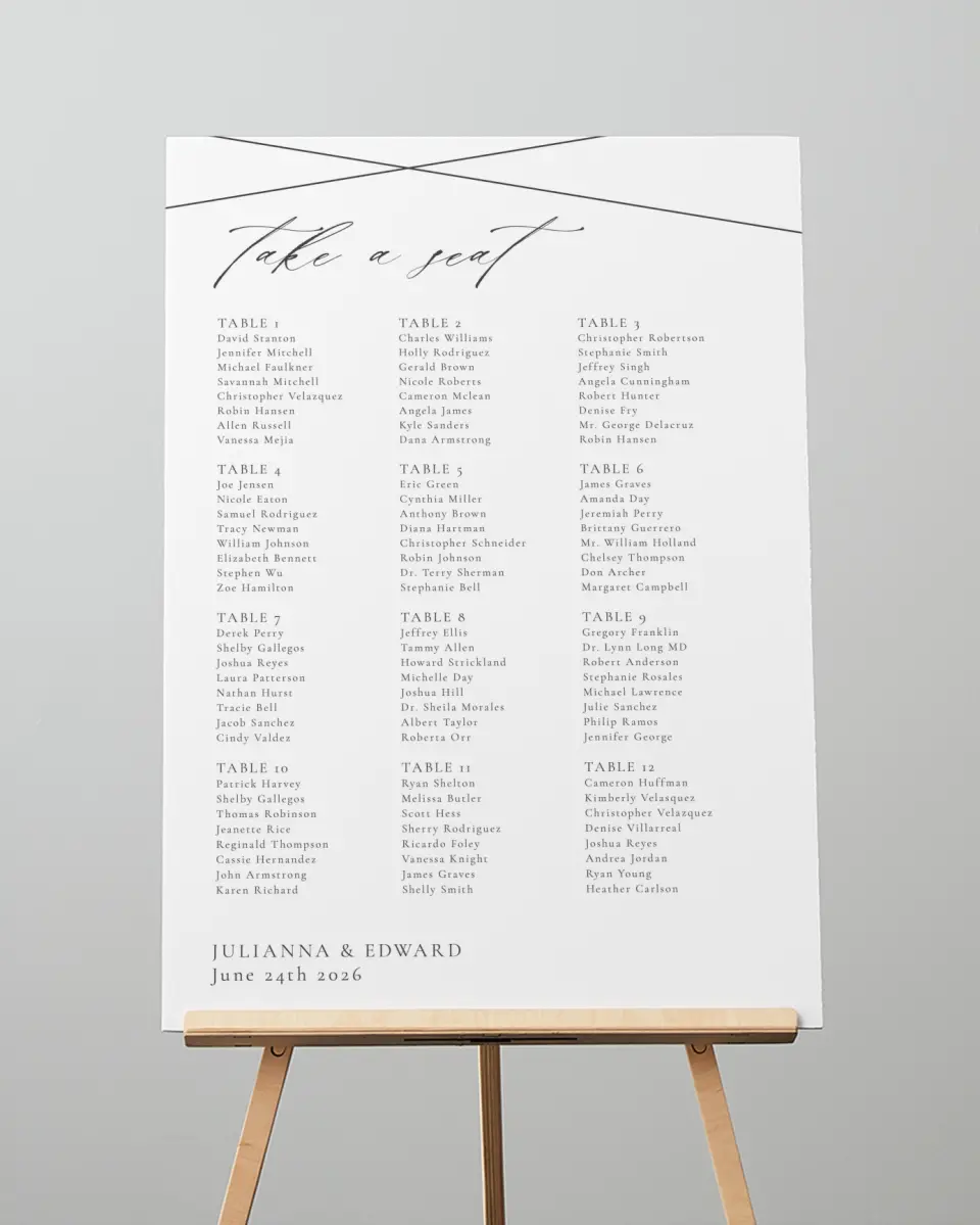 This is a 20" x 28" Seating Chart Sign called Distinct Lines printed in full color