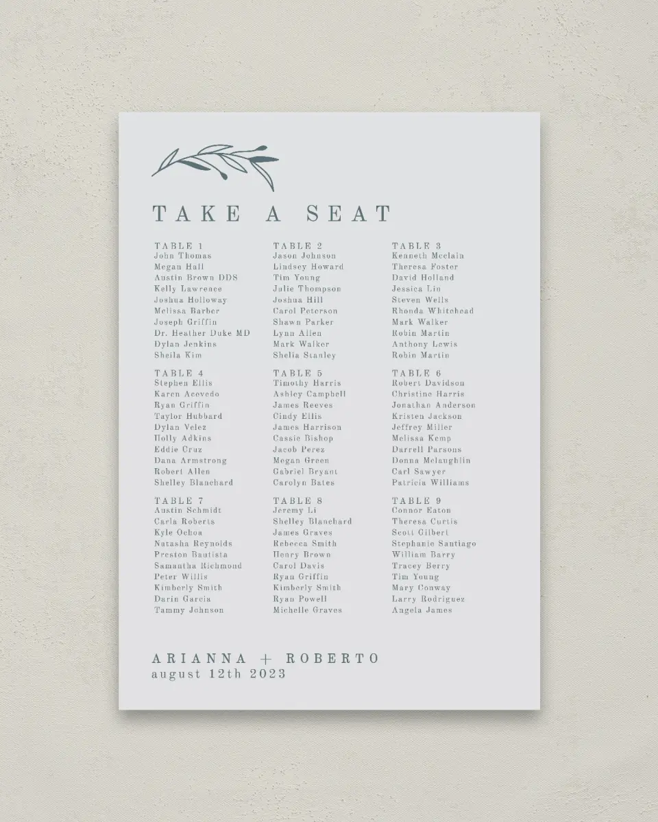 This is a 20" x 28" Seating Chart Sign called Growing Arc printed in full color