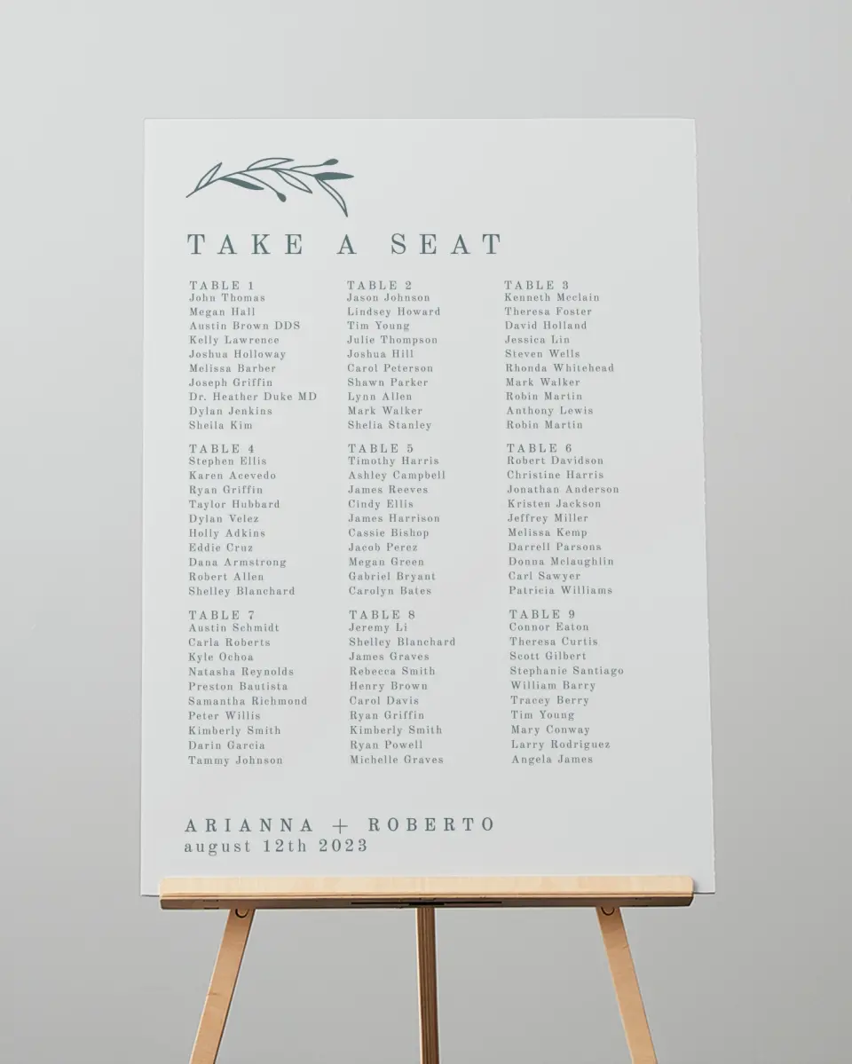 This is a 20" x 28" Seating Chart Sign called Growing Arc printed in full color