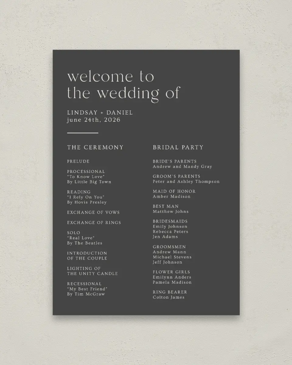 This is a 20" x 28" Ceremony Sign called Simple Gathering printed in full color with Rose Gold foil