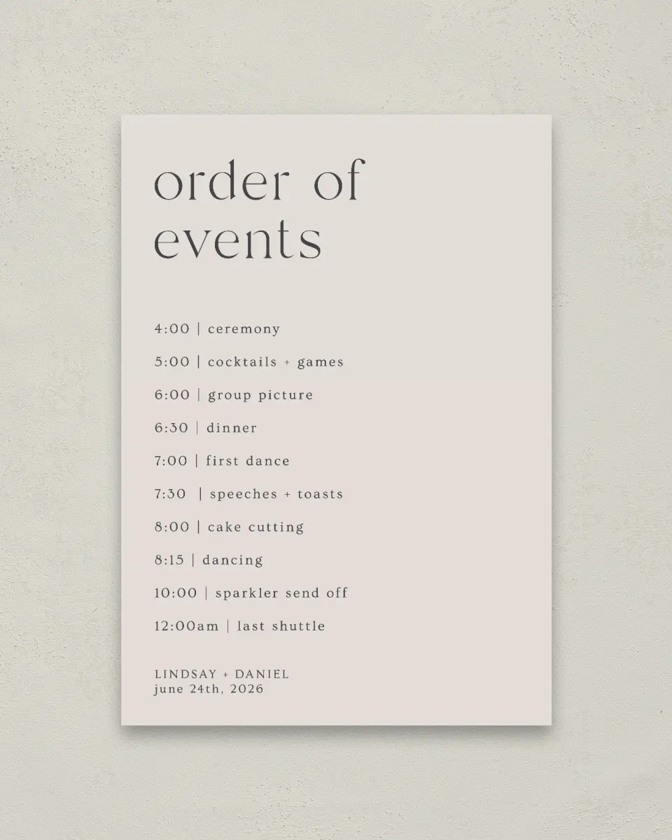 This is a 20" x 28" Schedule Sign called Simple Gathering printed in full color