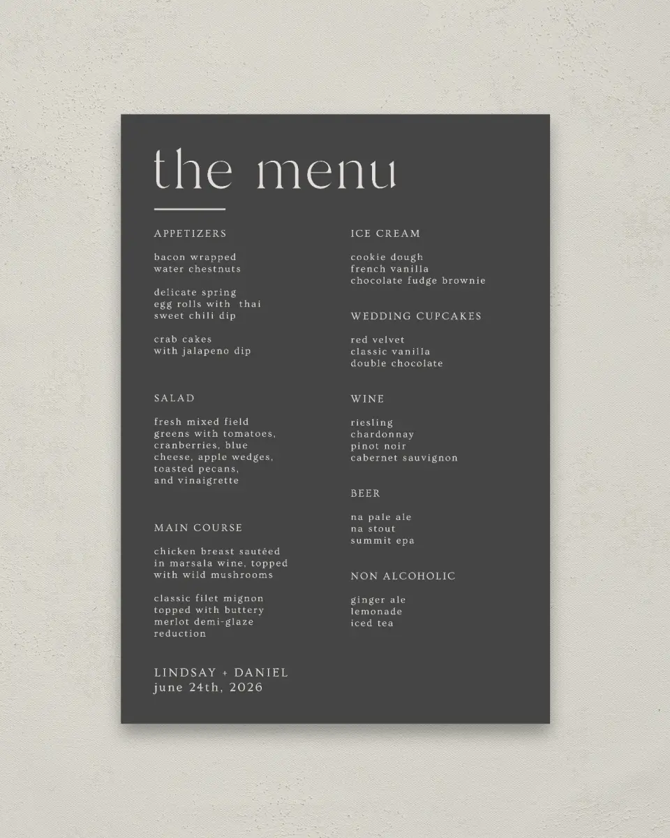 This is a 20" x 28" Menu Sign called Simple Gathering printed in full color