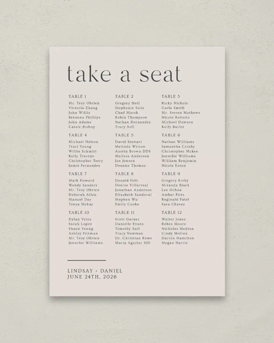This is a 20" x 28" Seating Chart Sign called Simple Gathering printed in full color