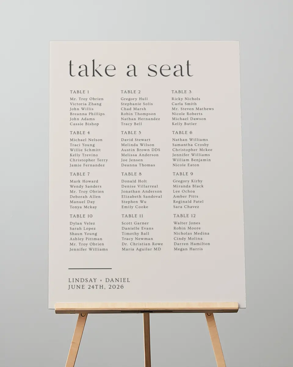 This is a 20" x 28" Seating Chart Sign called Simple Gathering printed in full color