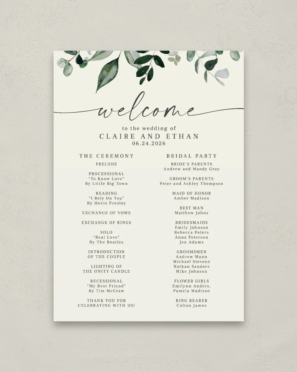 This is a 20" x 28" Ceremony Sign called Eucalyptus Greenery printed in full color